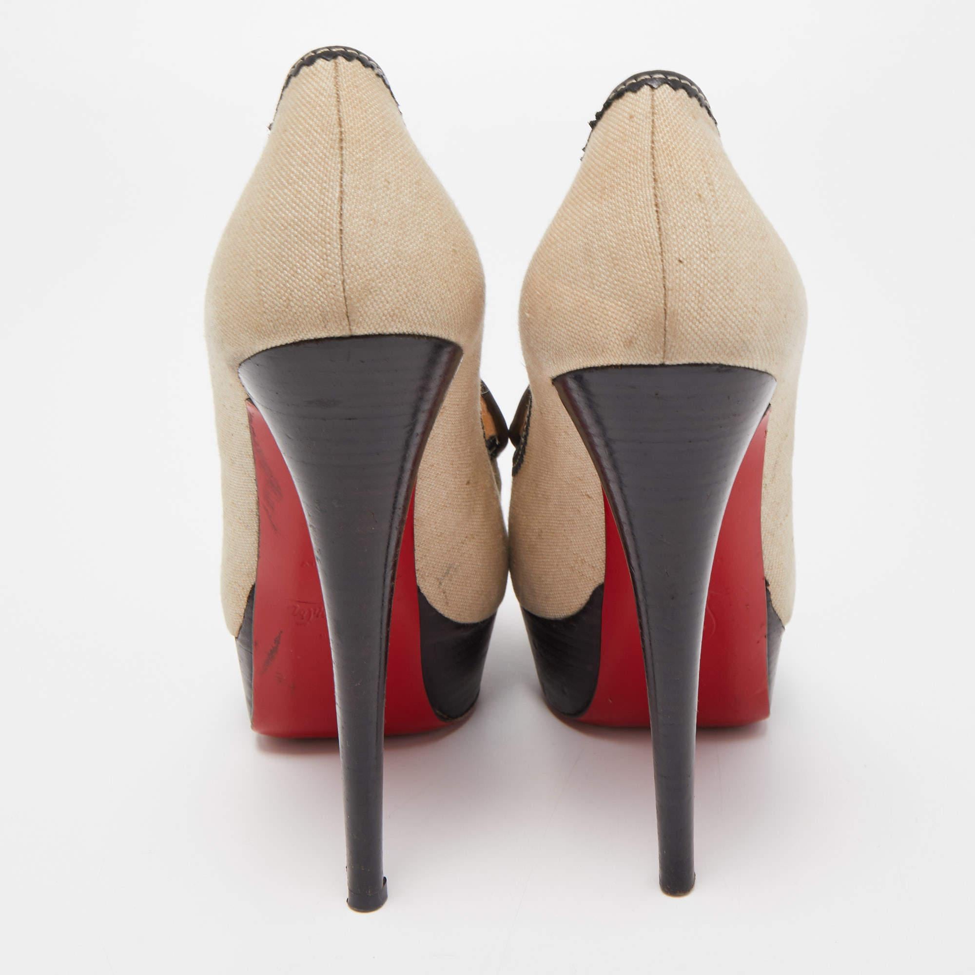 Christian Louboutin Beige/Black Canvas and Leather Alta Campus Pumps Size 36.5 For Sale 6