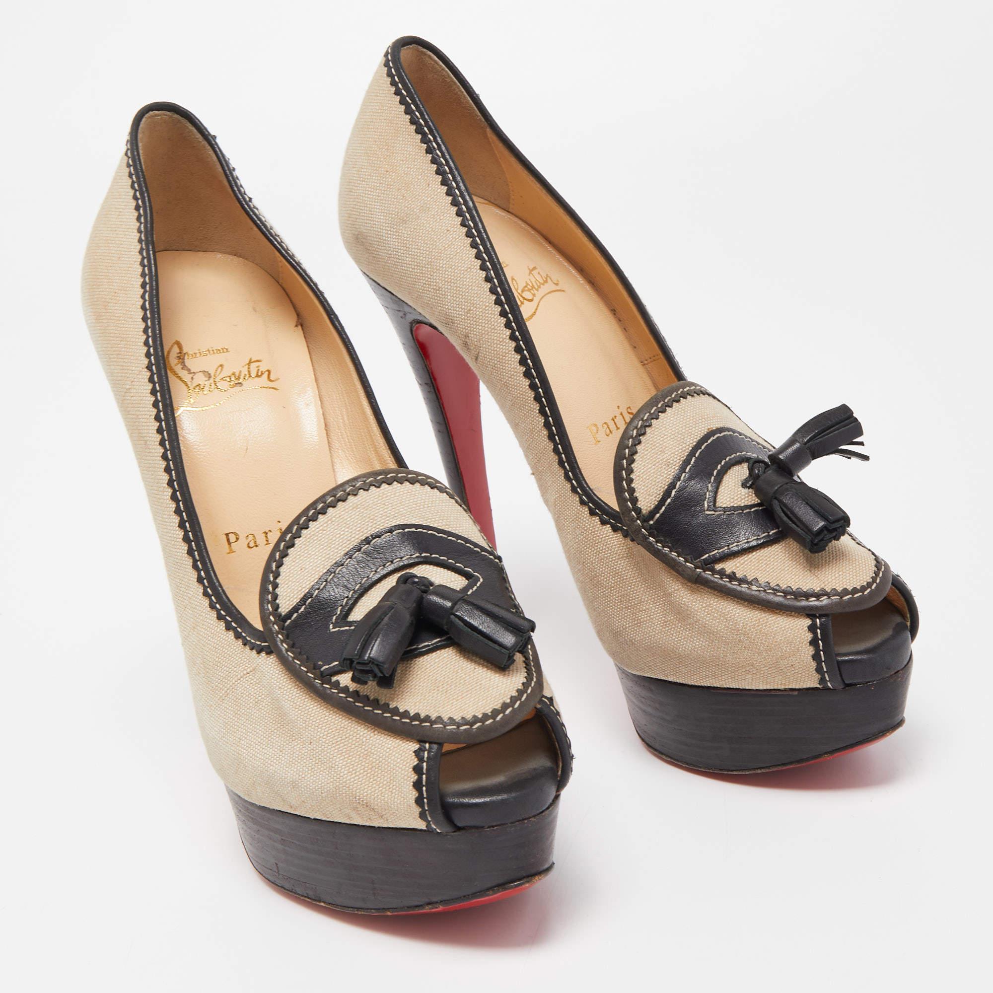 Women's Christian Louboutin Beige/Black Canvas and Leather Alta Campus Pumps Size 36.5 For Sale