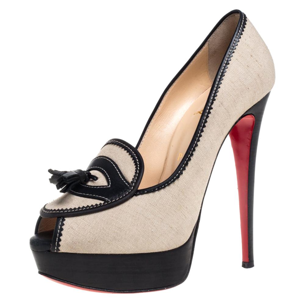 Christian Louboutin Beige/Black Canvas And Leather Alta Campus Pumps Size 38