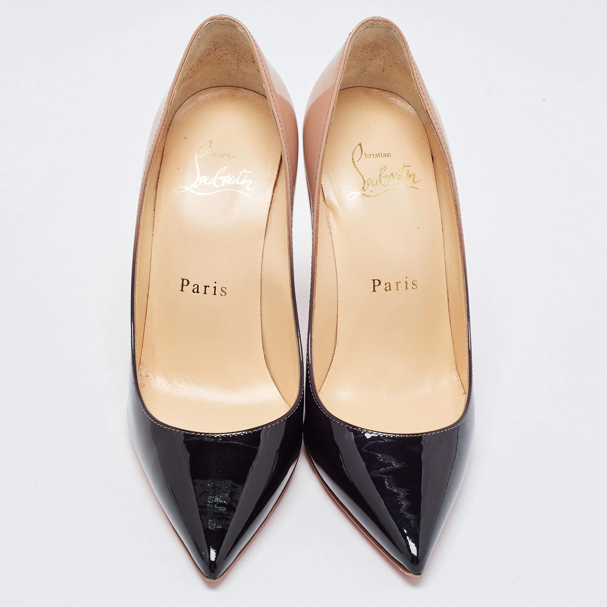 Stride through the day with confidence by adorning this pair of Christian Louboutin pumps. Created from patent leather, its well-designed curves will elegantly outline your feet. The 10cm heels and platforms of these pointed shoes will take your