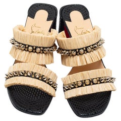 Christian Louboutin Beige/Black Raffia and Spiked Leather  Slide Sandals Size 37