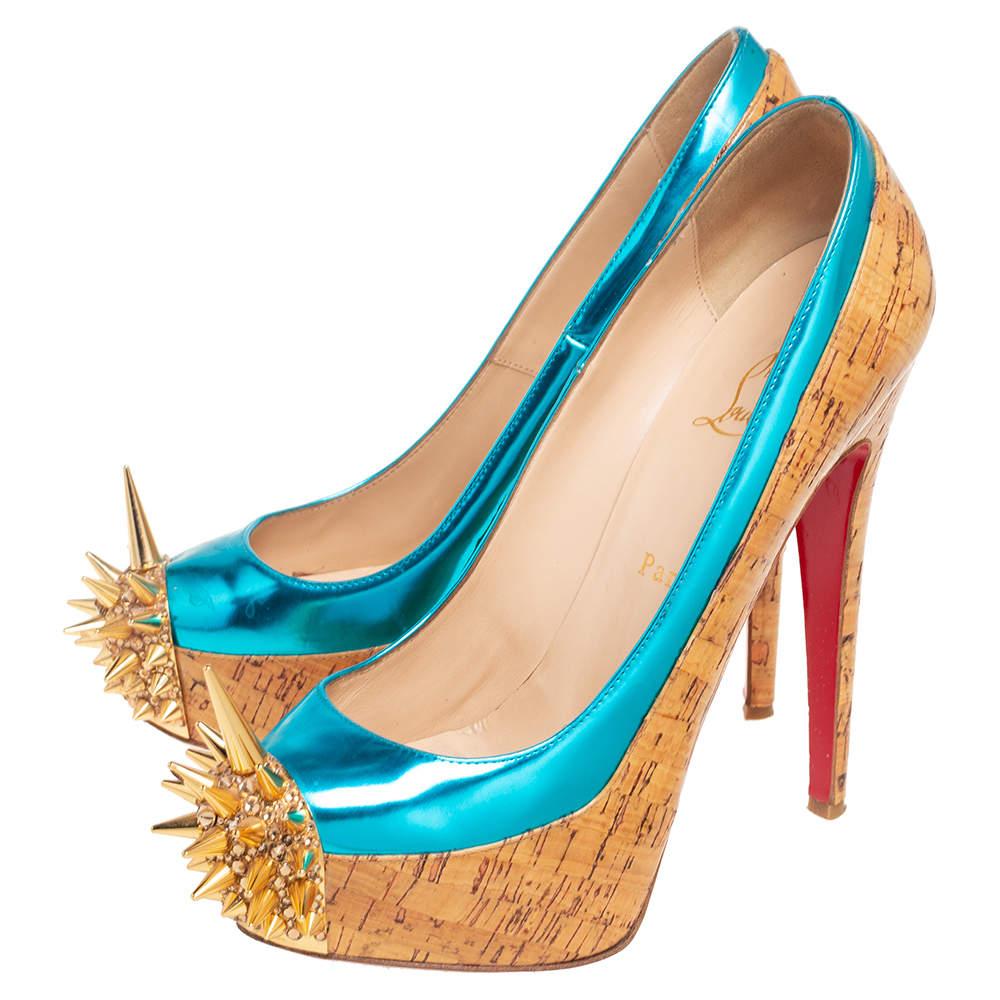 Women's Christian Louboutin Beige/Blue Leather And Cork Asteroid Pumps Size 38 For Sale
