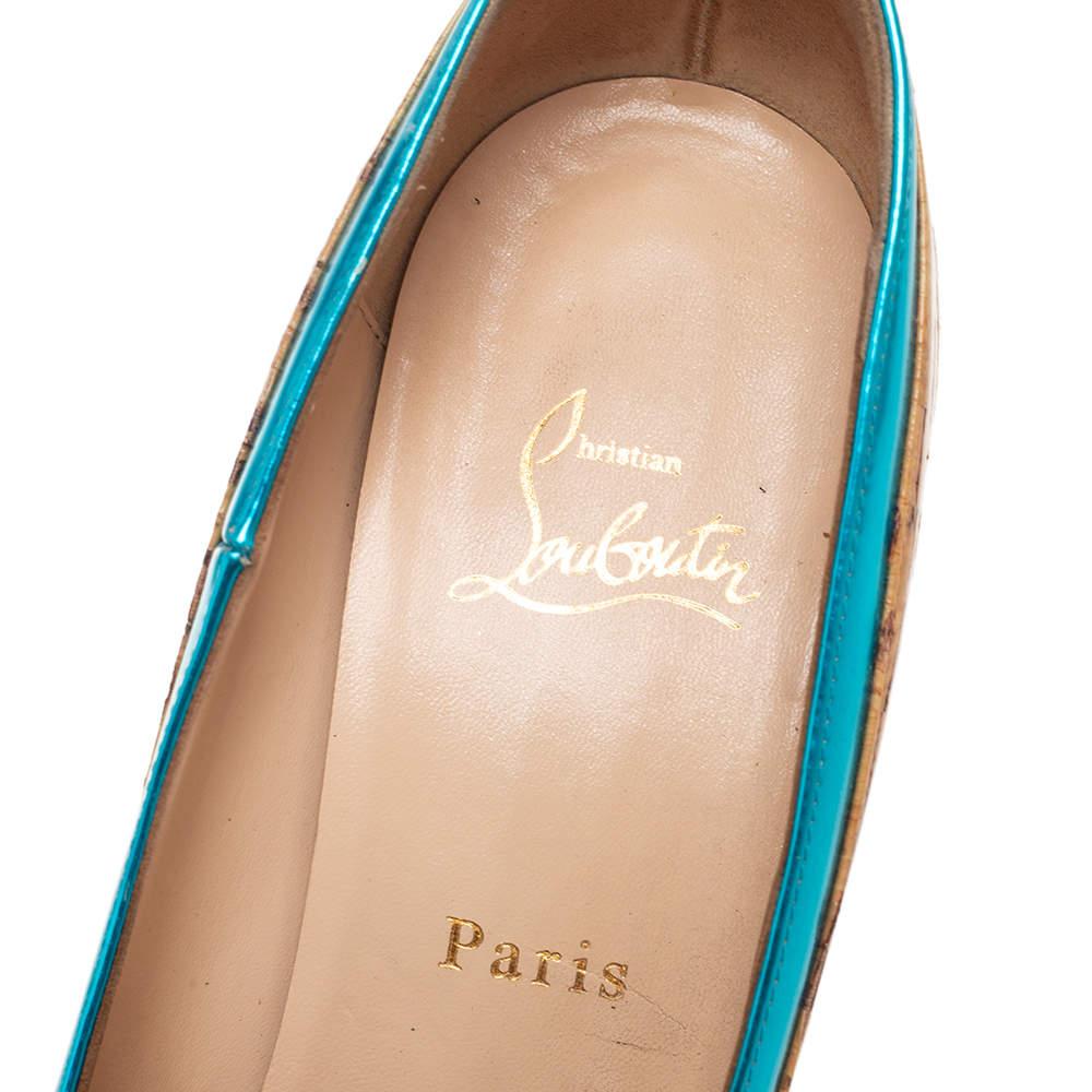 Christian Louboutin Beige/Blue Leather And Cork Asteroid Pumps Size 38 For Sale 1