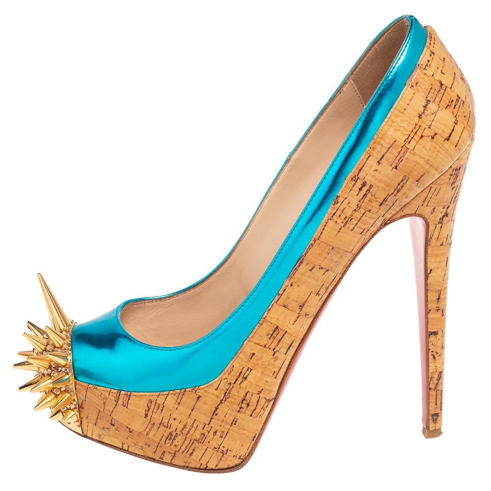 Christian Louboutin Beige/Blue Leather And Cork Asteroid Pumps Size 38 For Sale 2