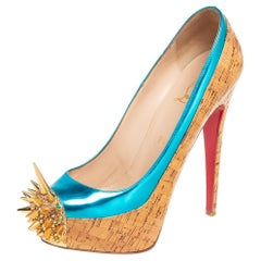 Christian Louboutin Beige/Blue Leather And Cork Asteroid Pumps Size 38