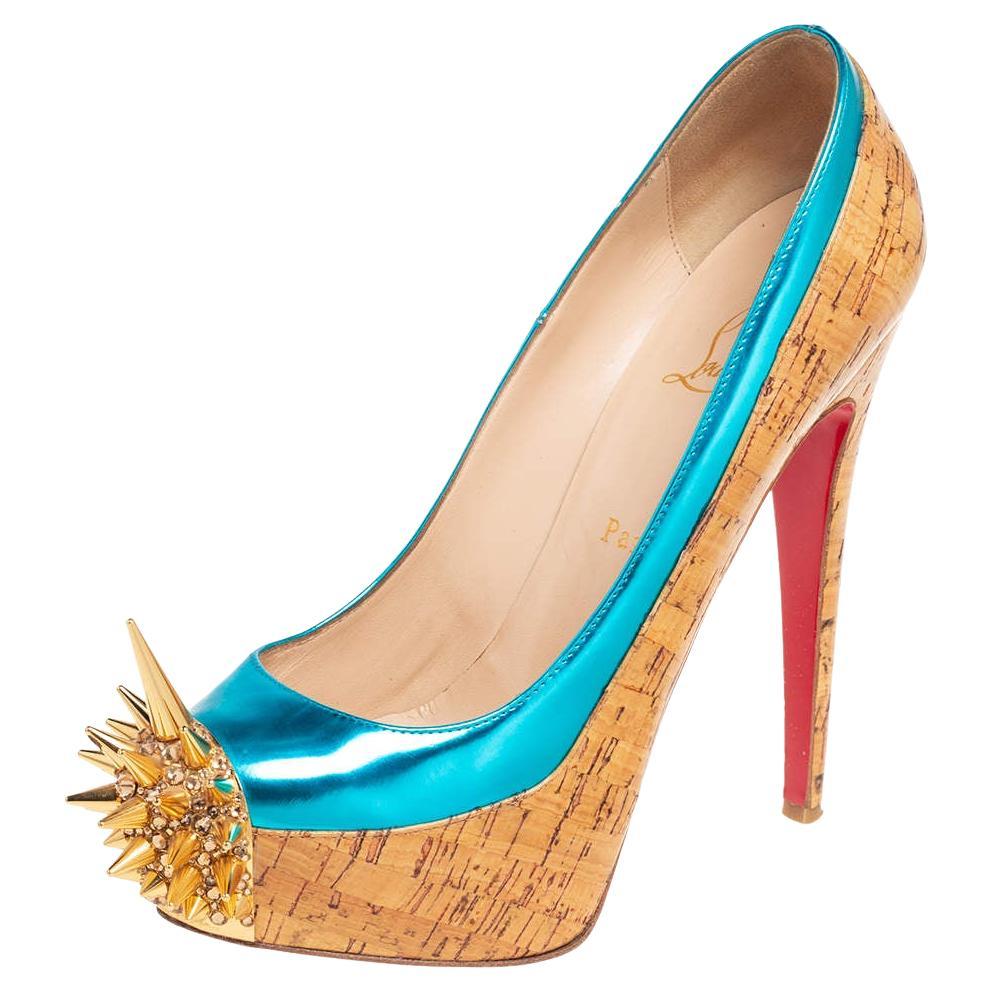 Christian Louboutin Beige/Blue Leather And Cork Asteroid Pumps Size 38 For Sale