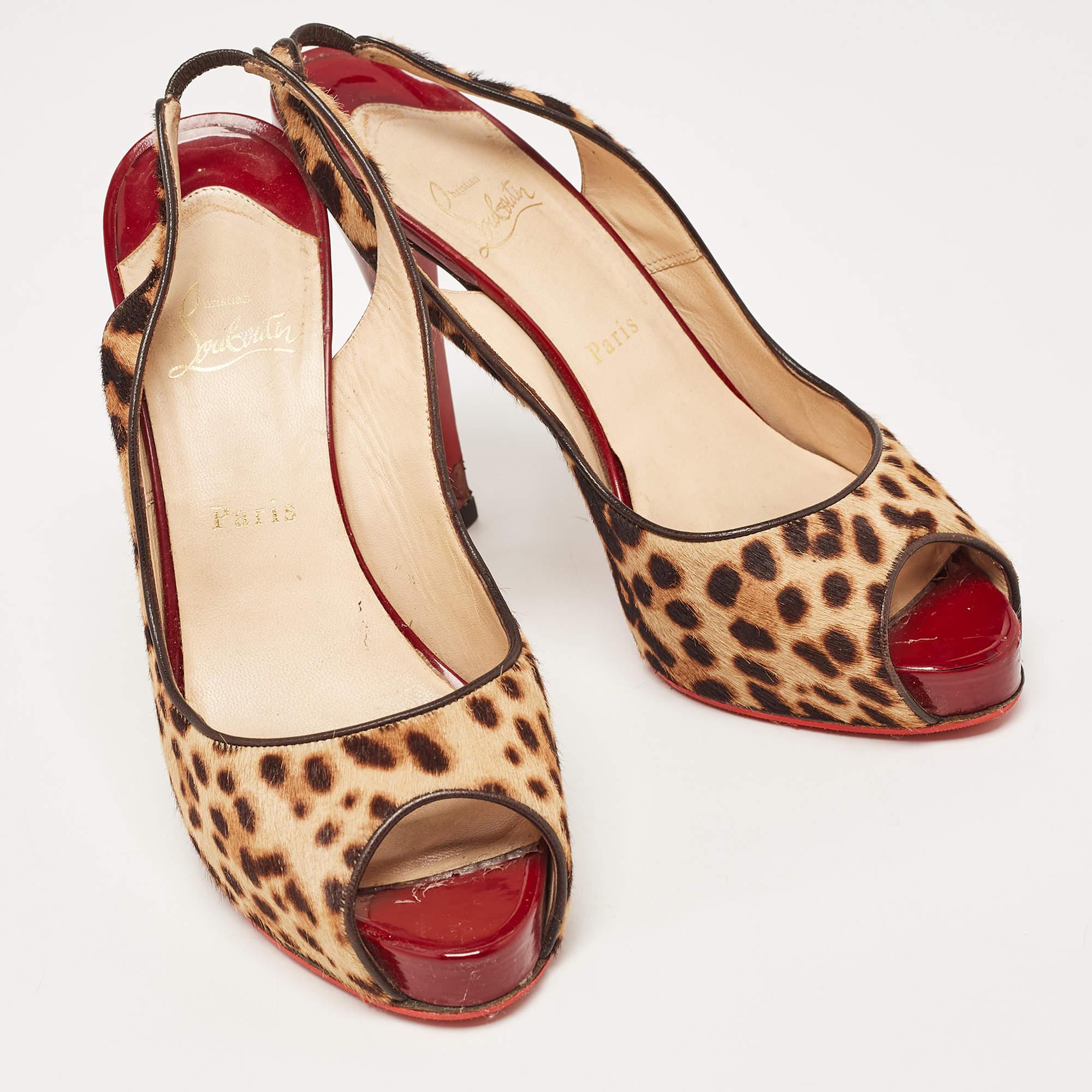 Marron Christian Louboutin Beige/Brown Calf Hair No Prive Slingback Pumps 41 en vente
