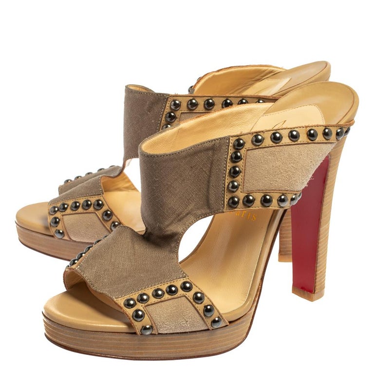 Christian Louboutin Beige/Brown Canvas And Leather Hassaneta Sandals Size  38 at 1stDibs