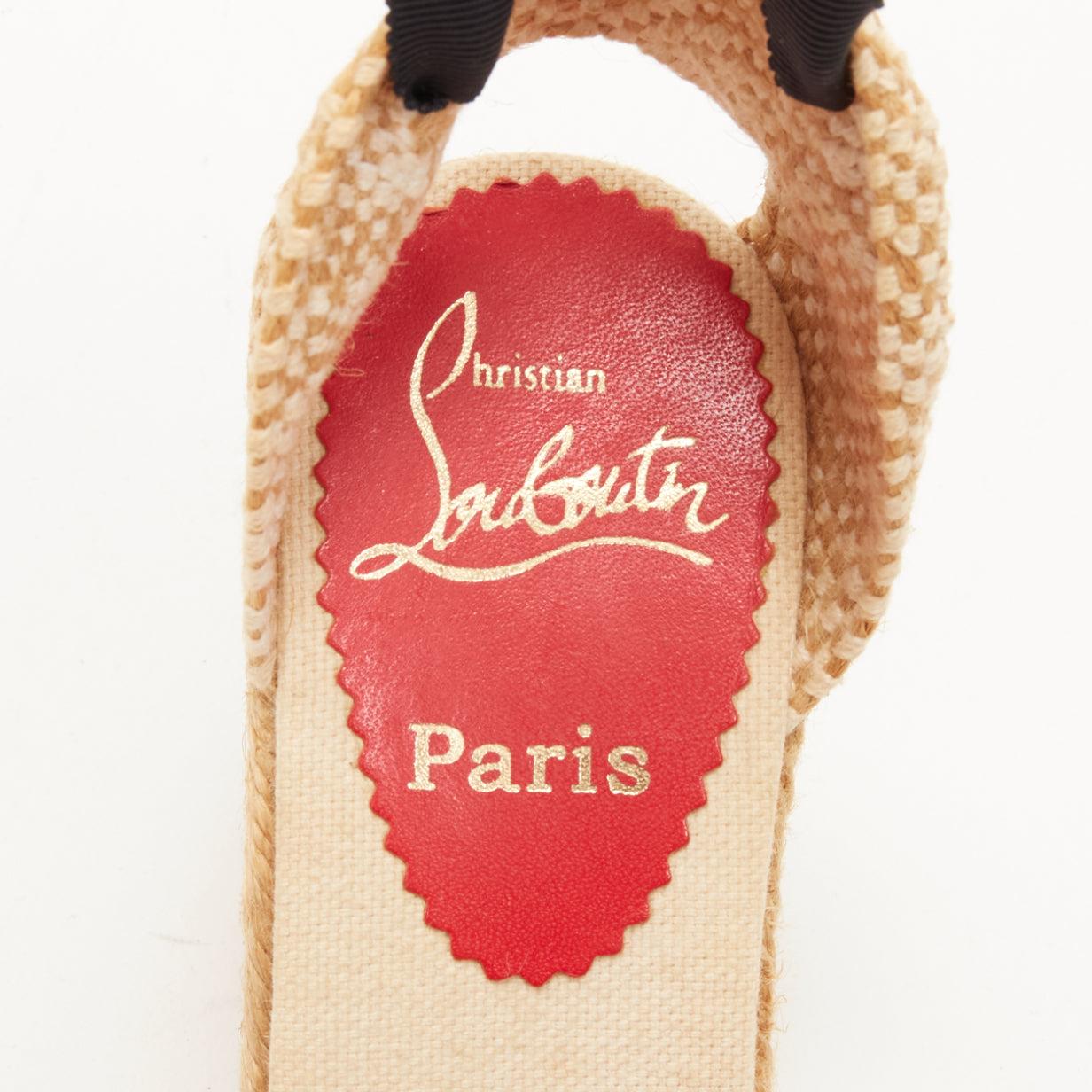 CHRISTIAN LOUBOUTIN espadrille festonnée en toile beige noire talon compensé EU37 en vente 5