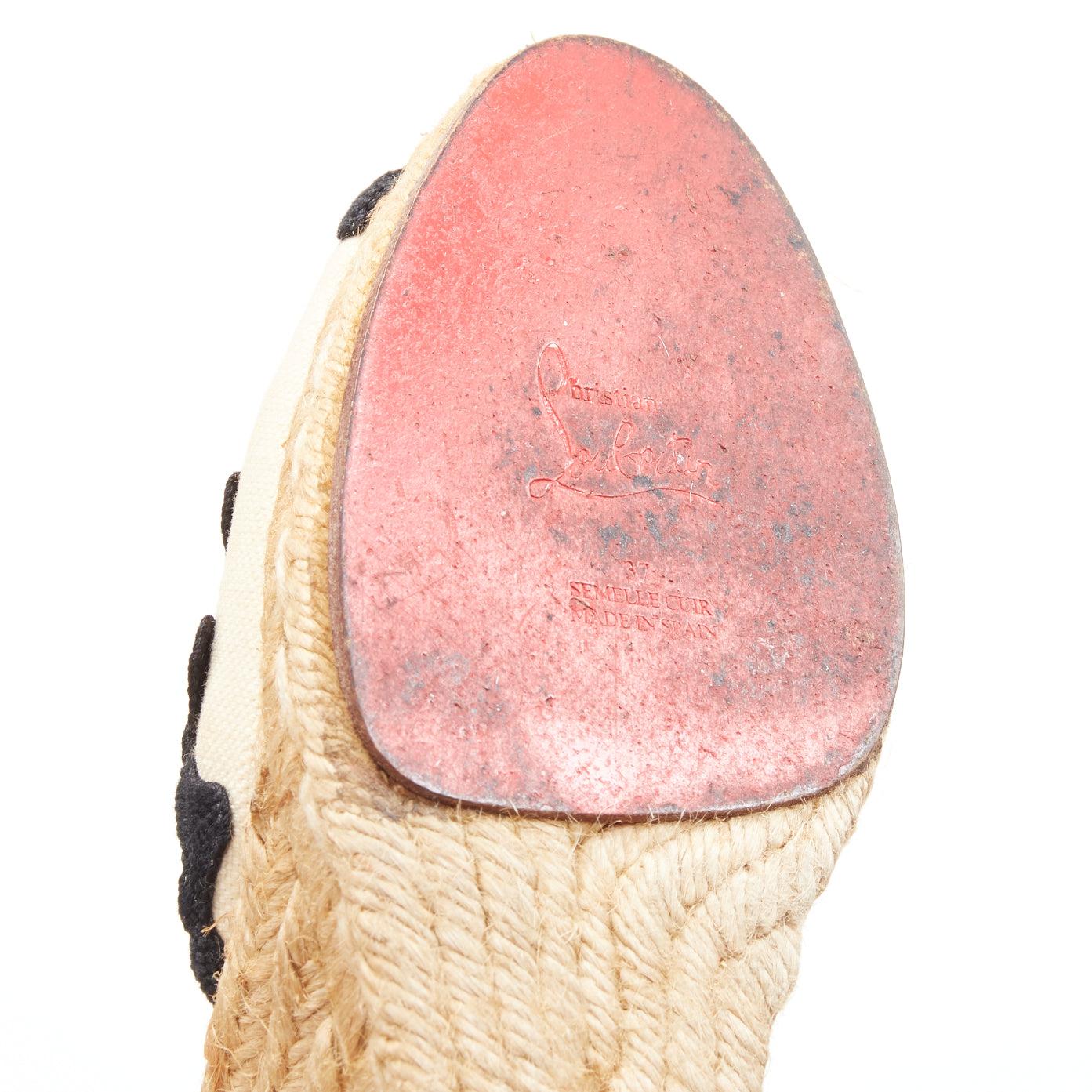 CHRISTIAN LOUBOUTIN espadrille festonnée en toile beige noire talon compensé EU37 en vente 7