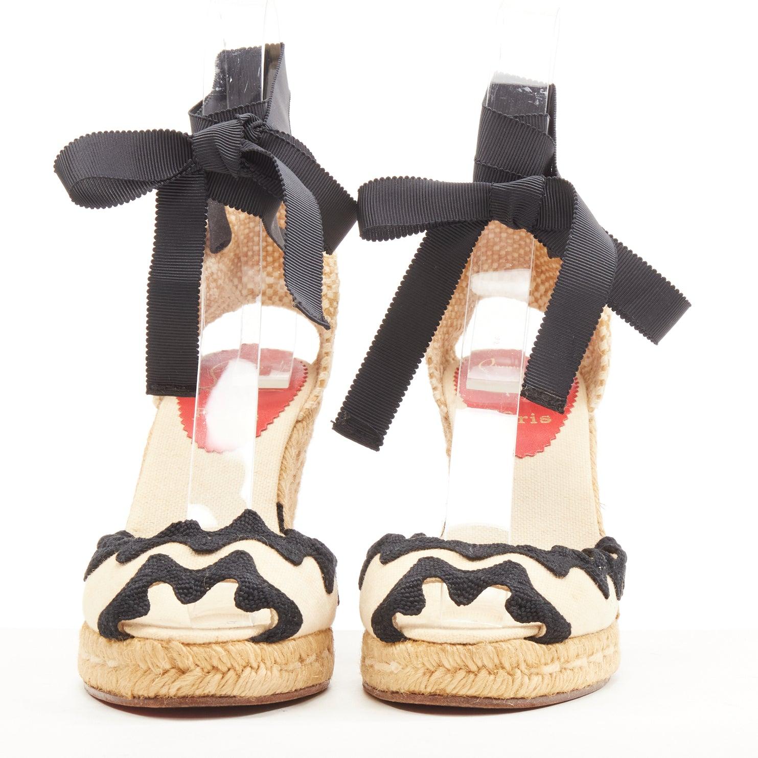 CHRISTIAN LOUBOUTIN espadrille festonnée en toile beige noire talon compensé EU37 Bon état - En vente à Hong Kong, NT