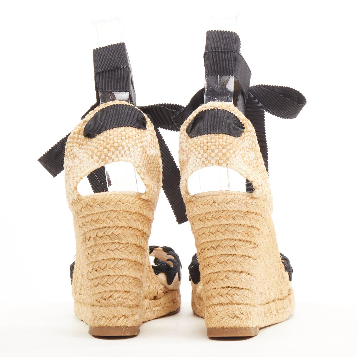 CHRISTIAN LOUBOUTIN espadrille festonnée en toile beige noire talon compensé EU37 Pour femmes en vente