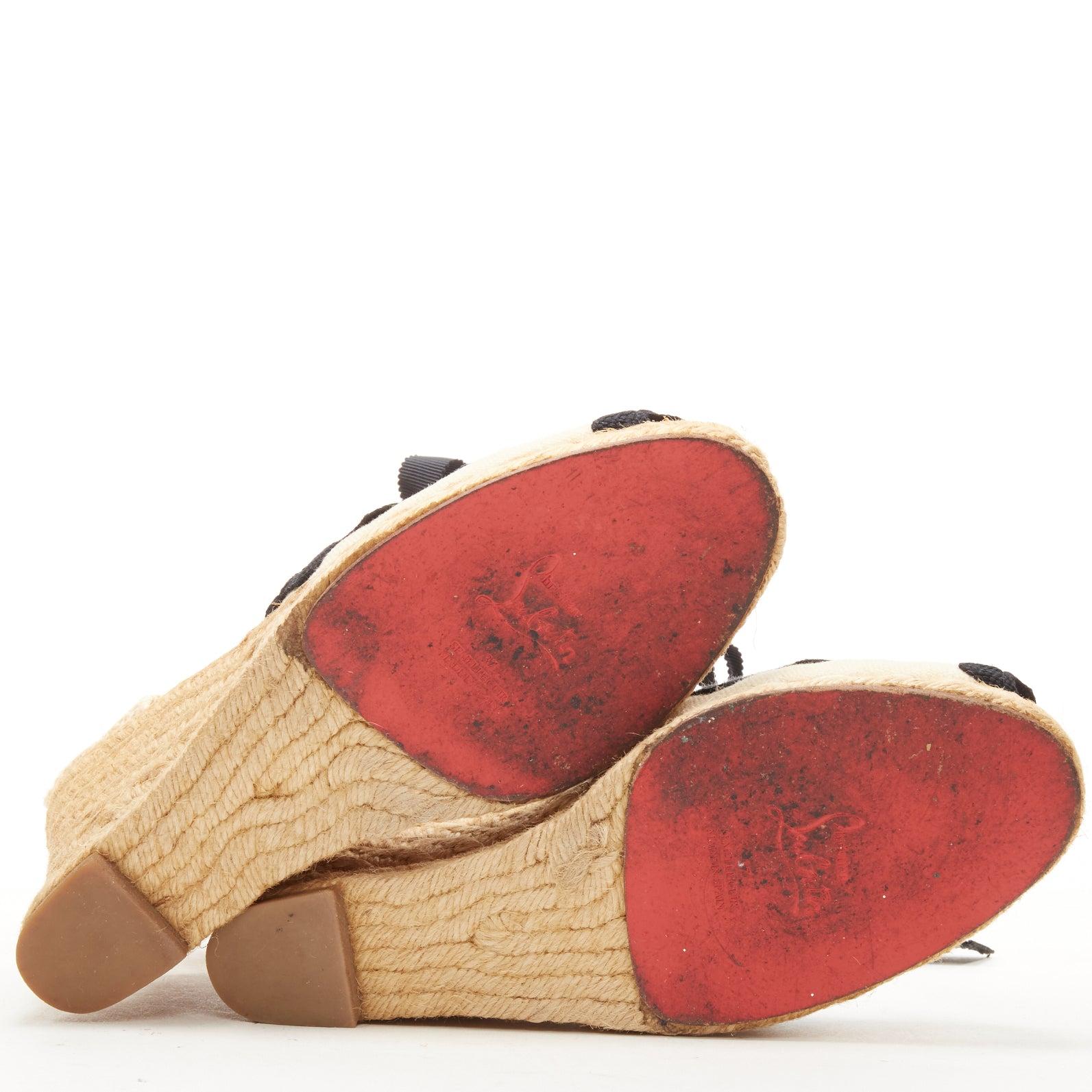 CHRISTIAN LOUBOUTIN espadrille festonnée en toile beige noire talon compensé EU37 en vente 1