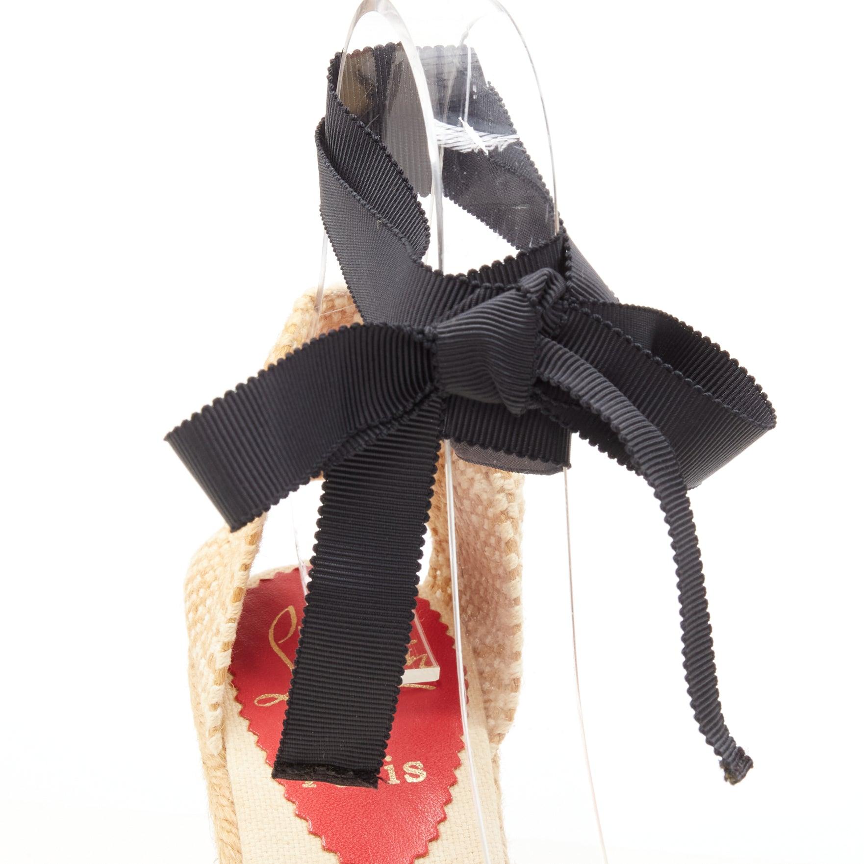 CHRISTIAN LOUBOUTIN espadrille festonnée en toile beige noire talon compensé EU37 en vente 3