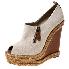 Christian Louboutin Beige Canvas Espadrille Wedge Platform Ankle Booties Size 39