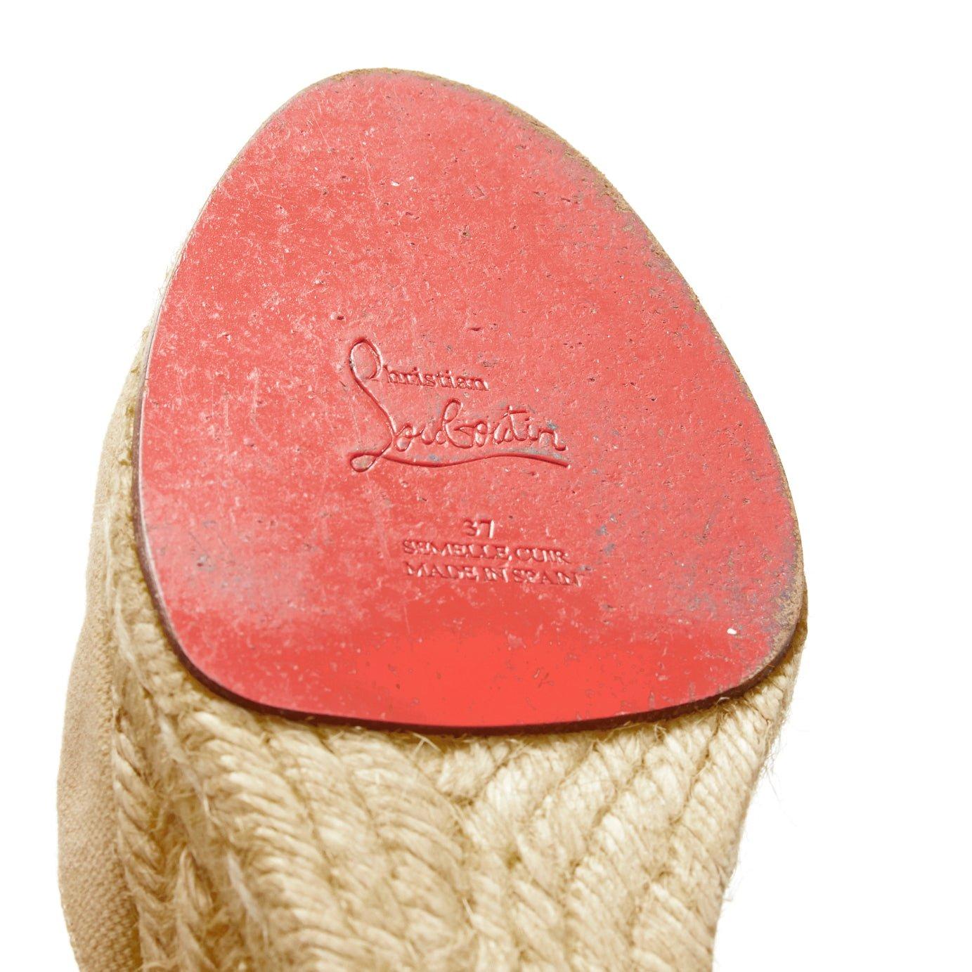 CHRISTIAN LOUBOUTIN beige canvas espadrille wedge ribbon tie heel EU37 5