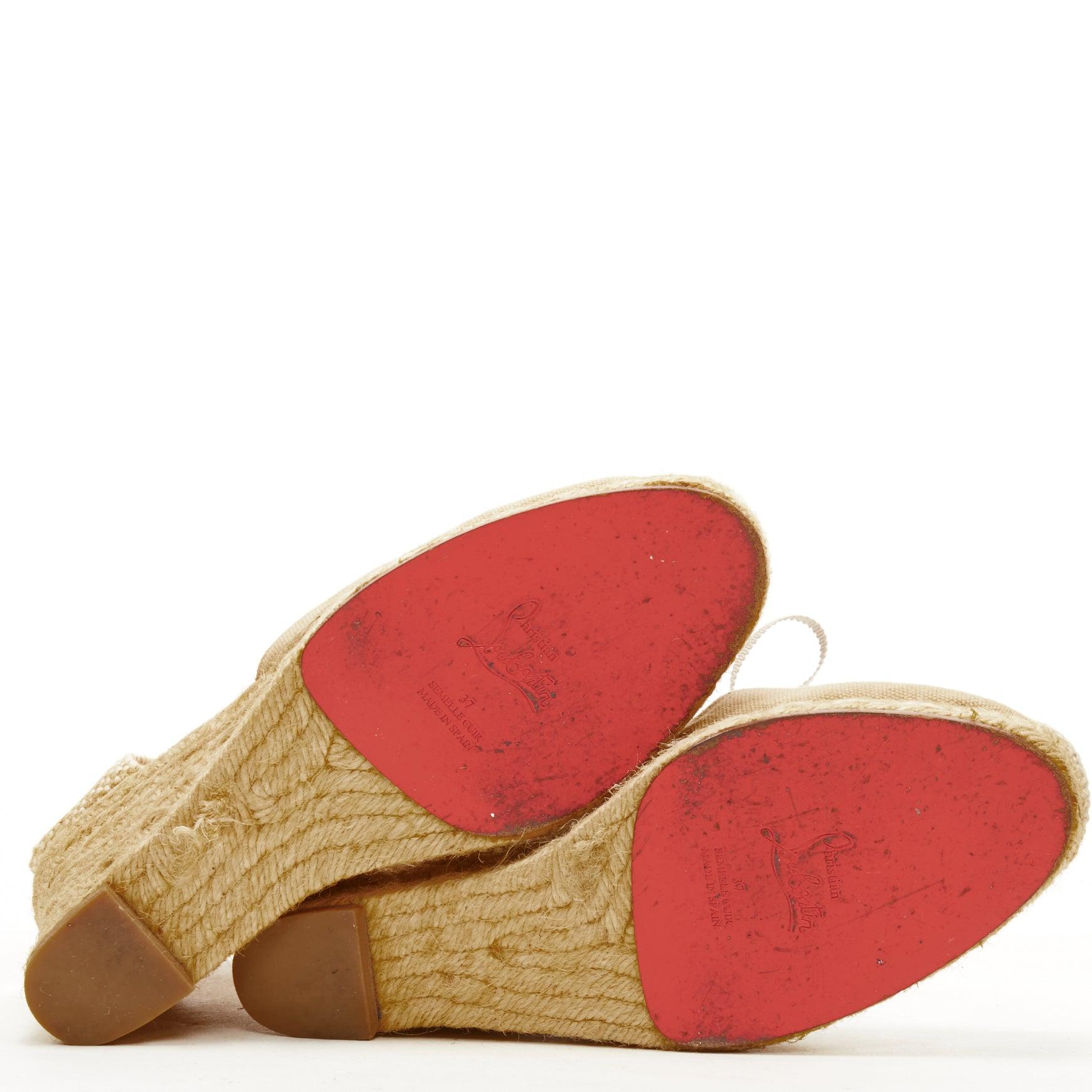 CHRISTIAN LOUBOUTIN beige canvas espadrille wedge ribbon tie heel EU37 6
