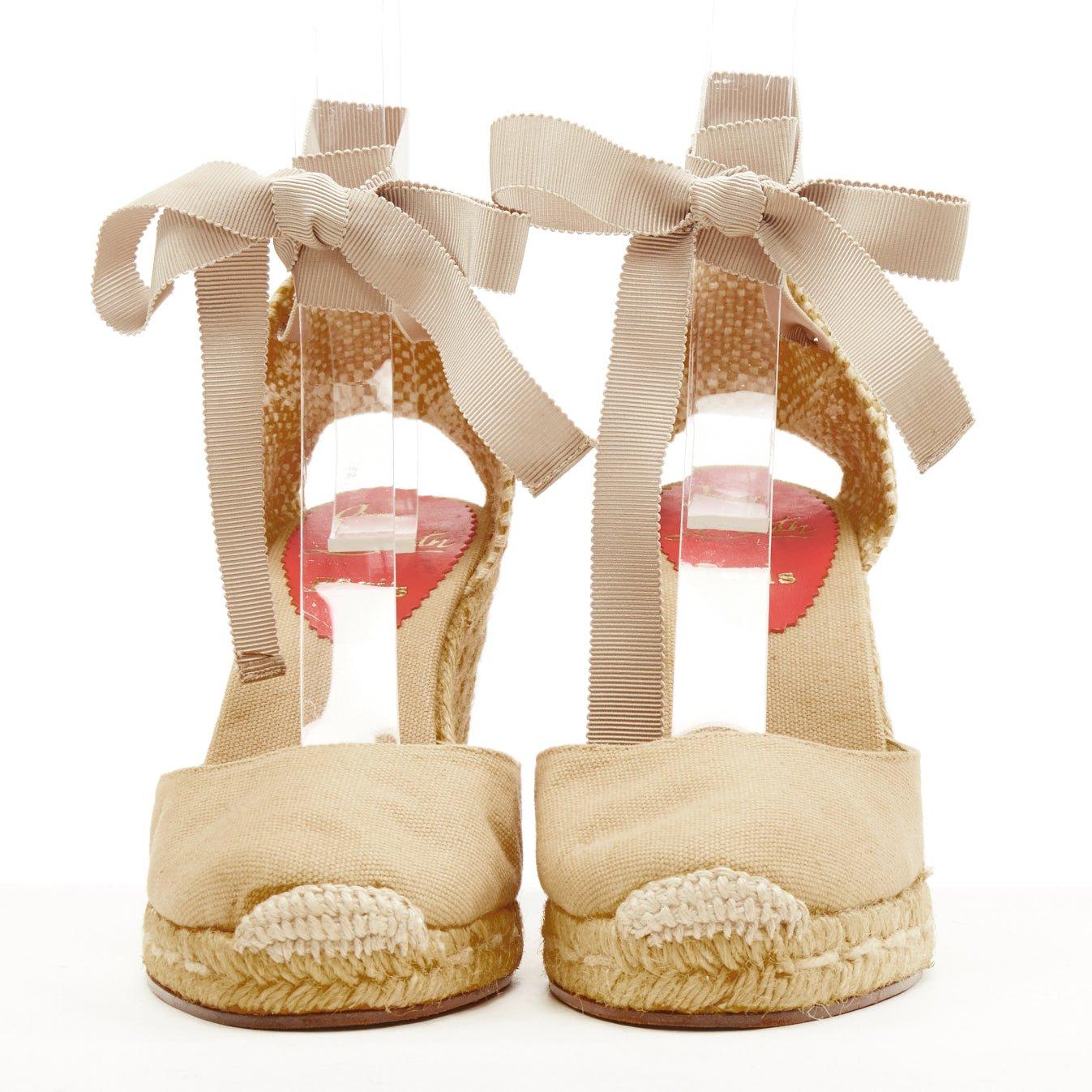 Beige CHRISTIAN LOUBOUTIN beige canvas espadrille wedge ribbon tie heel EU37