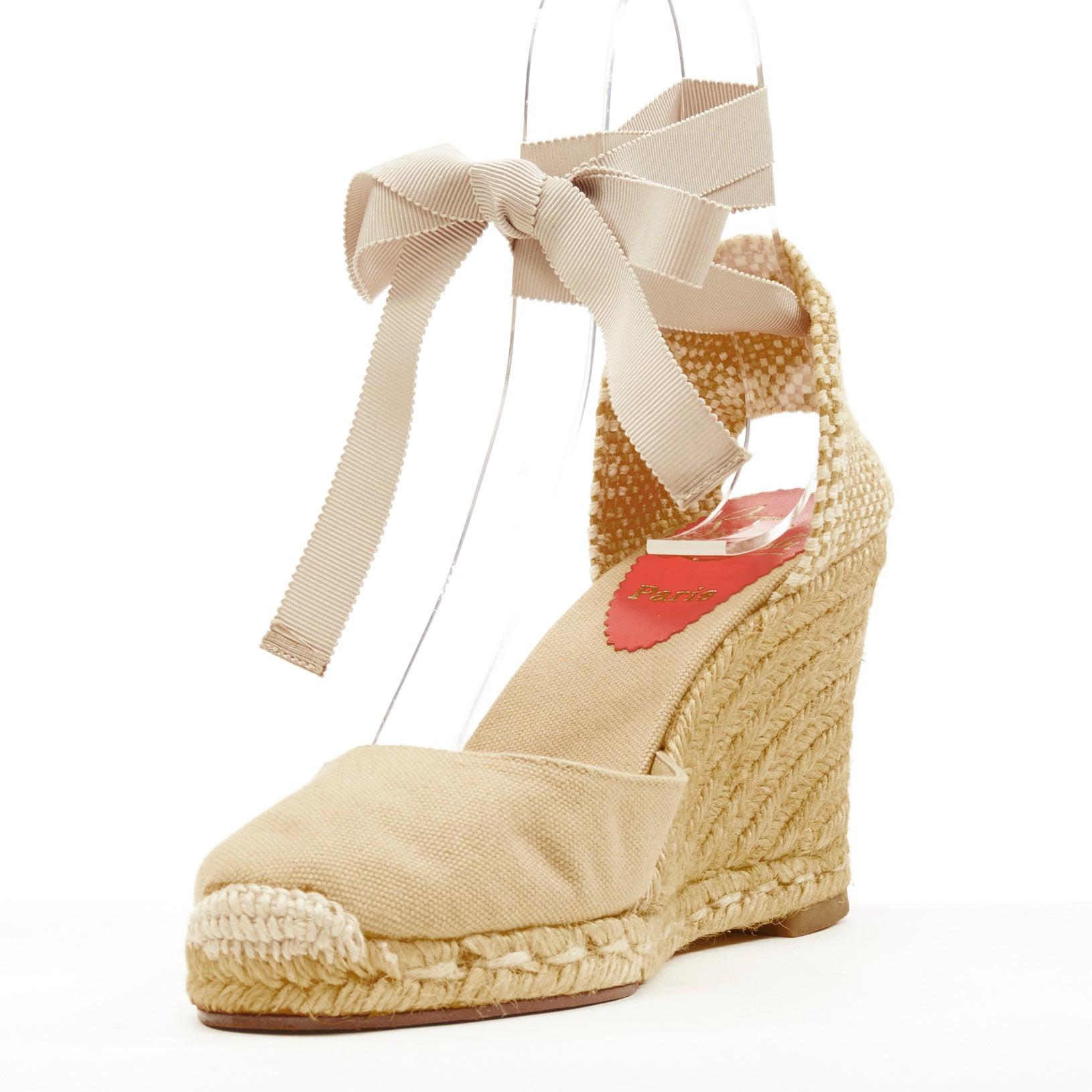 CHRISTIAN LOUBOUTIN beige canvas espadrille wedge ribbon tie heel EU37 In Excellent Condition In Hong Kong, NT