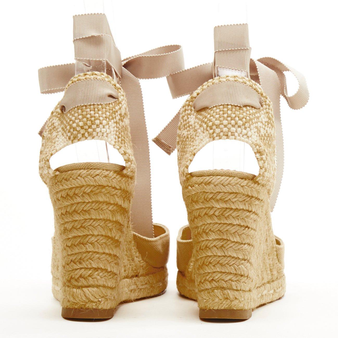 Women's CHRISTIAN LOUBOUTIN beige canvas espadrille wedge ribbon tie heel EU37