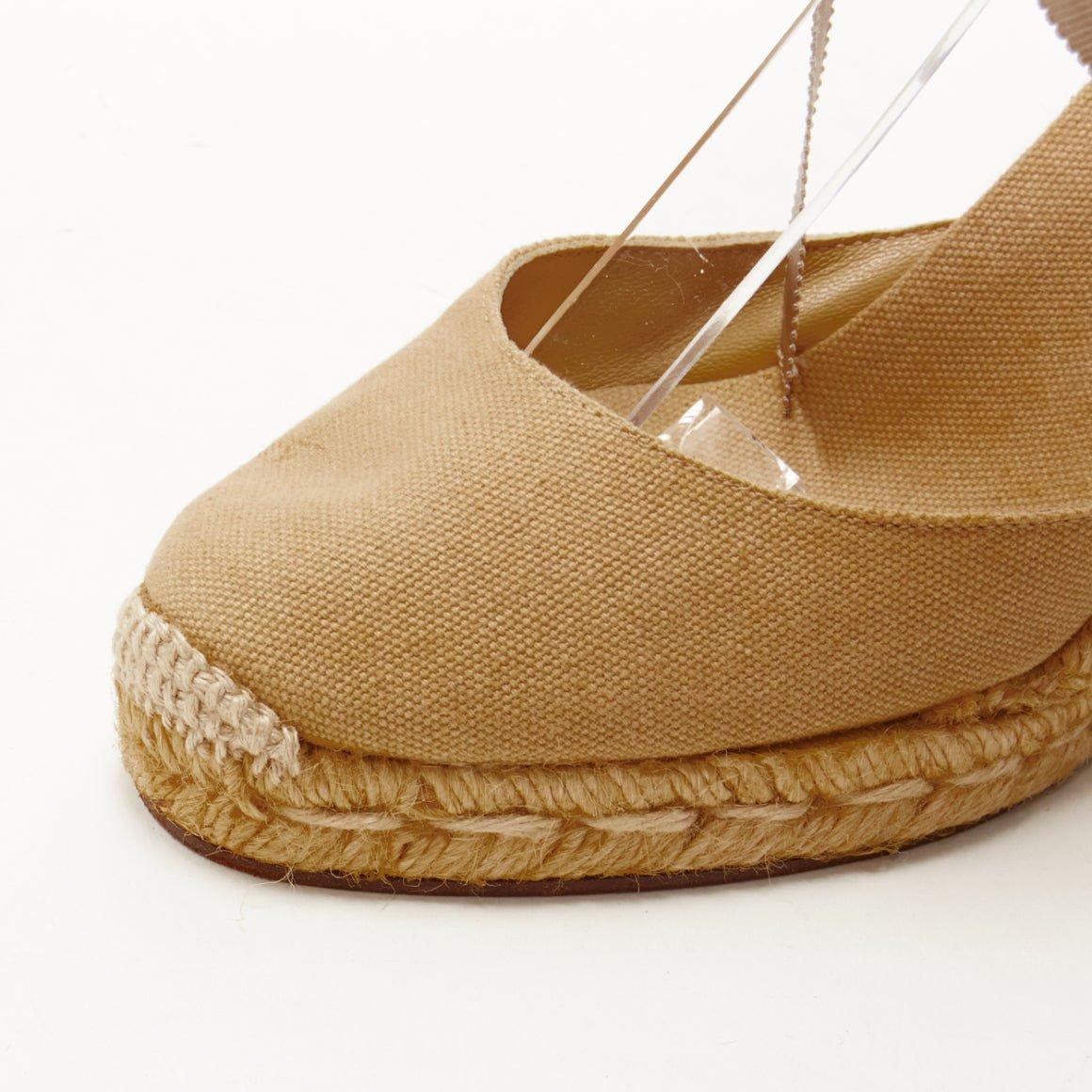 CHRISTIAN LOUBOUTIN beige canvas espadrille wedge ribbon tie heel EU37 2