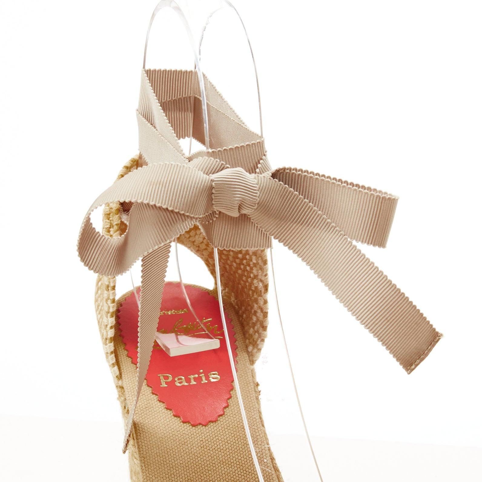 CHRISTIAN LOUBOUTIN beige canvas espadrille wedge ribbon tie heel EU37 3