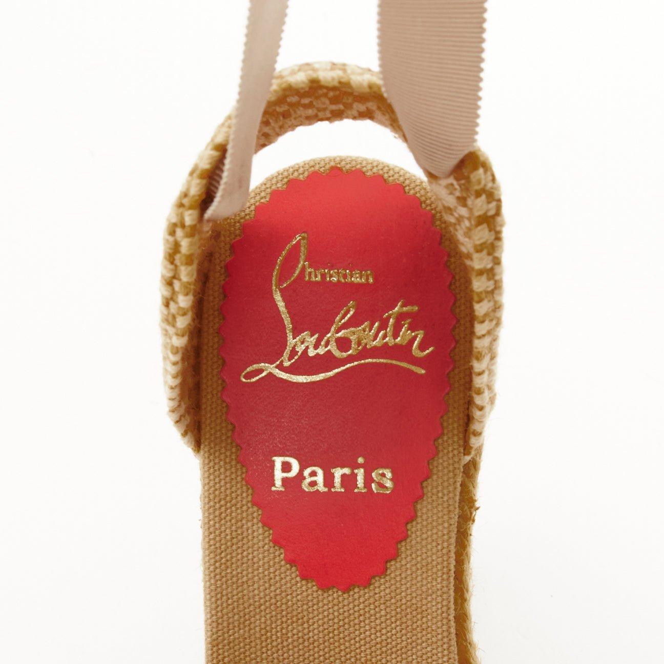 CHRISTIAN LOUBOUTIN beige canvas espadrille wedge ribbon tie heel EU37 4