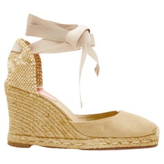 CHRISTIAN LOUBOUTIN beige canvas espadrille wedge ribbon tie heel EU37