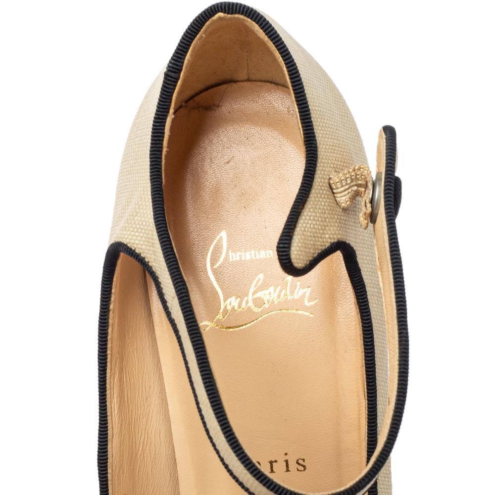 Christian Louboutin Beige Canvas Peep Toe Mary Jane Pumps Size 39.5 In Good Condition In Dubai, Al Qouz 2