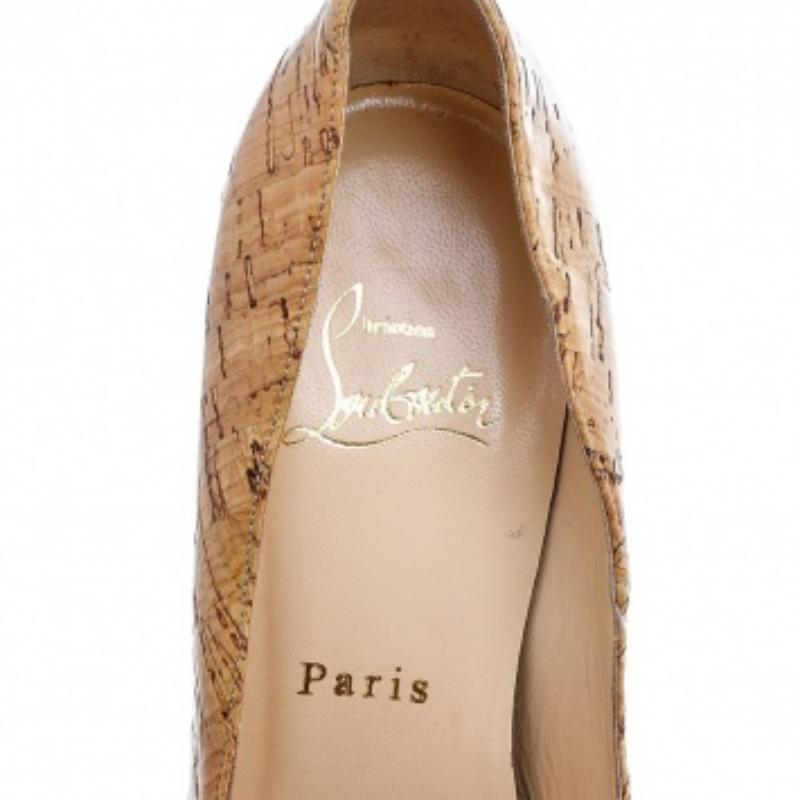 Christian Louboutin Beige Cork Highness Peep Toe Platform Pumps Size 37 In Good Condition In Dubai, Al Qouz 2