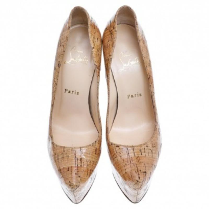 Women's Christian Louboutin Beige Cork Highness Peep Toe Platform Pumps Size 37