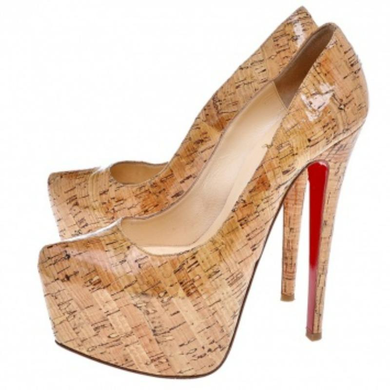Christian Louboutin Beige Cork Highness Peep Toe Platform Pumps Size 37 3