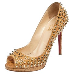 Used Christian Louboutin Beige Cork Spike Peep Toe Platform Pumps Size 37.5