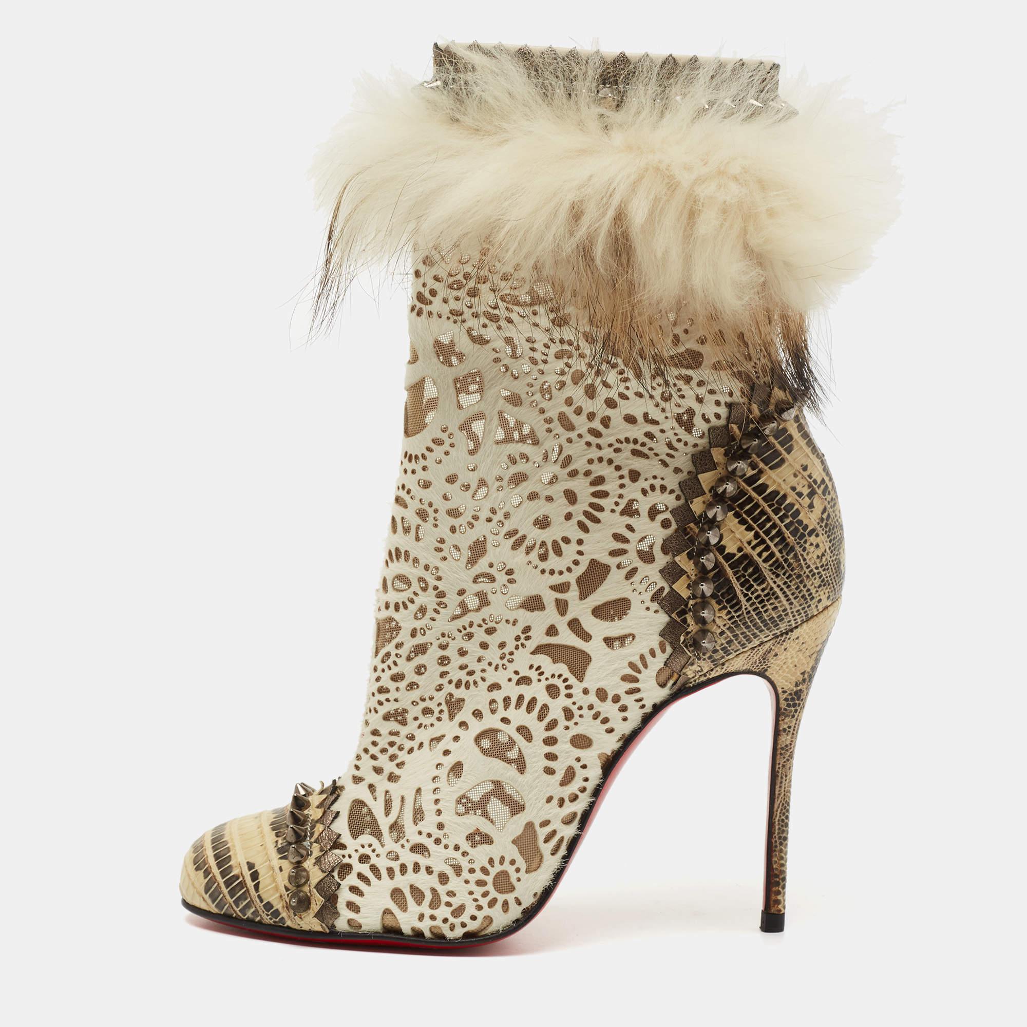 Christian Louboutin Beige/Cream Calf Hair And Fox Fur Ankle Boots Size 36 For Sale 2