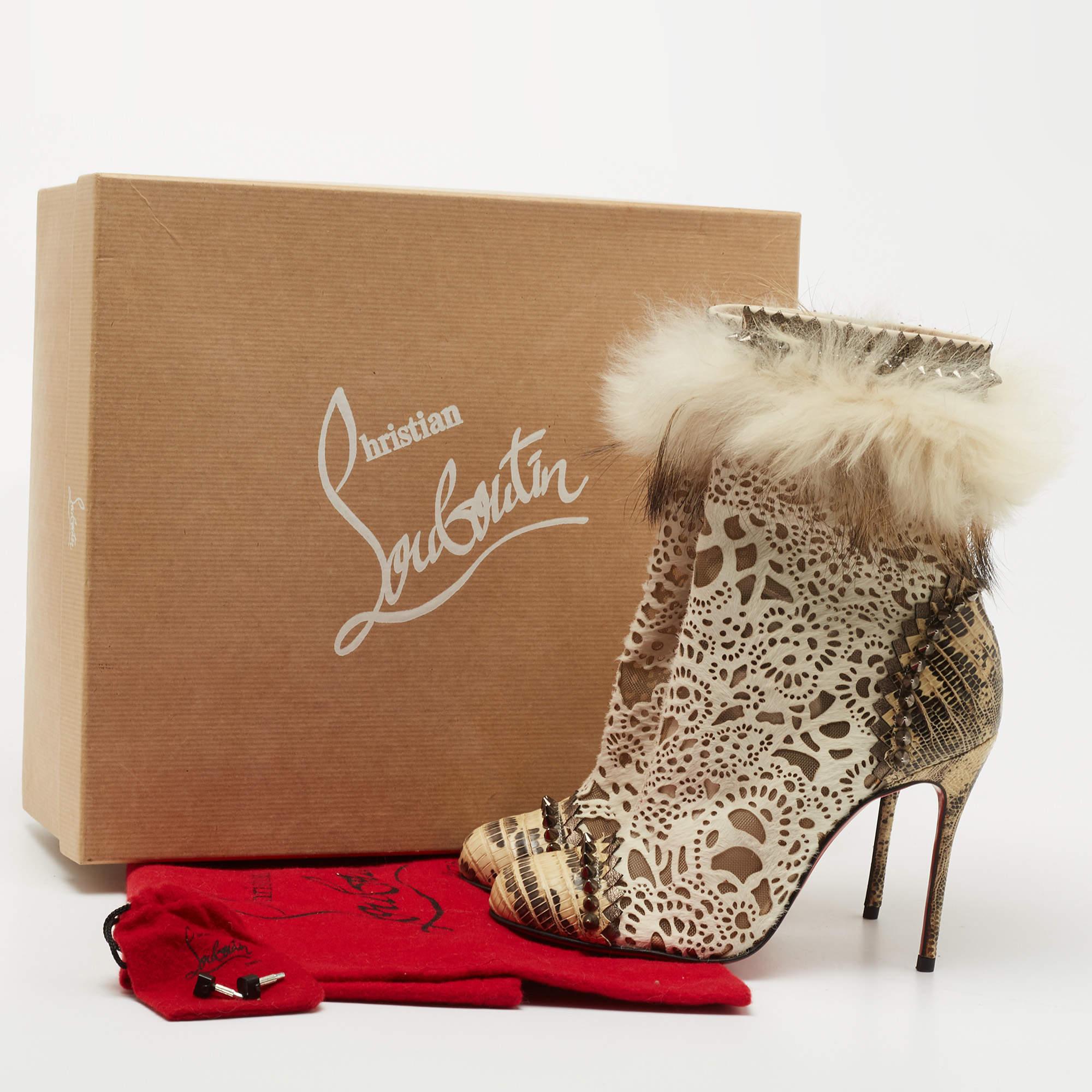 Christian Louboutin Beige/Cream Calf Hair And Fox Fur Ankle Boots Size 36 For Sale 5
