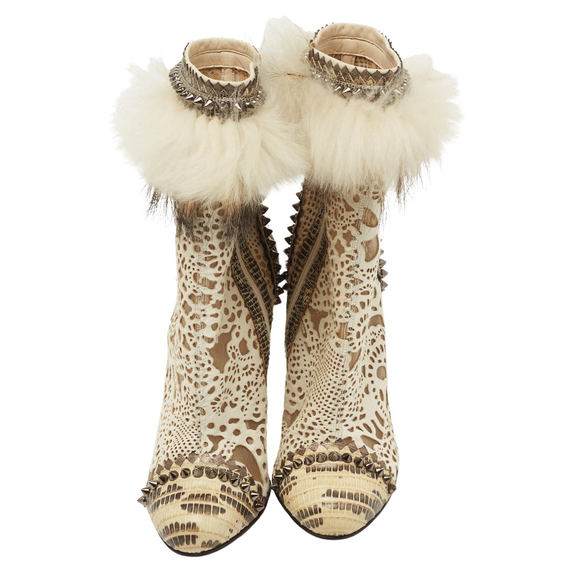Christian Louboutin Beige/Cream Calf Hair And Fox Fur Ankle Boots Size 36 For Sale