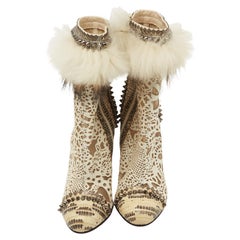 Christian Louboutin Beige/Cream Calf Hair And Fox Fur Ankle Boots Size 36