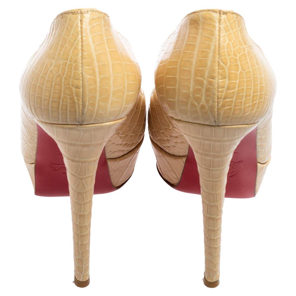 Women's Christian Louboutin Beige Croc Embossed Leather Bianca Platform Pumps Size 37