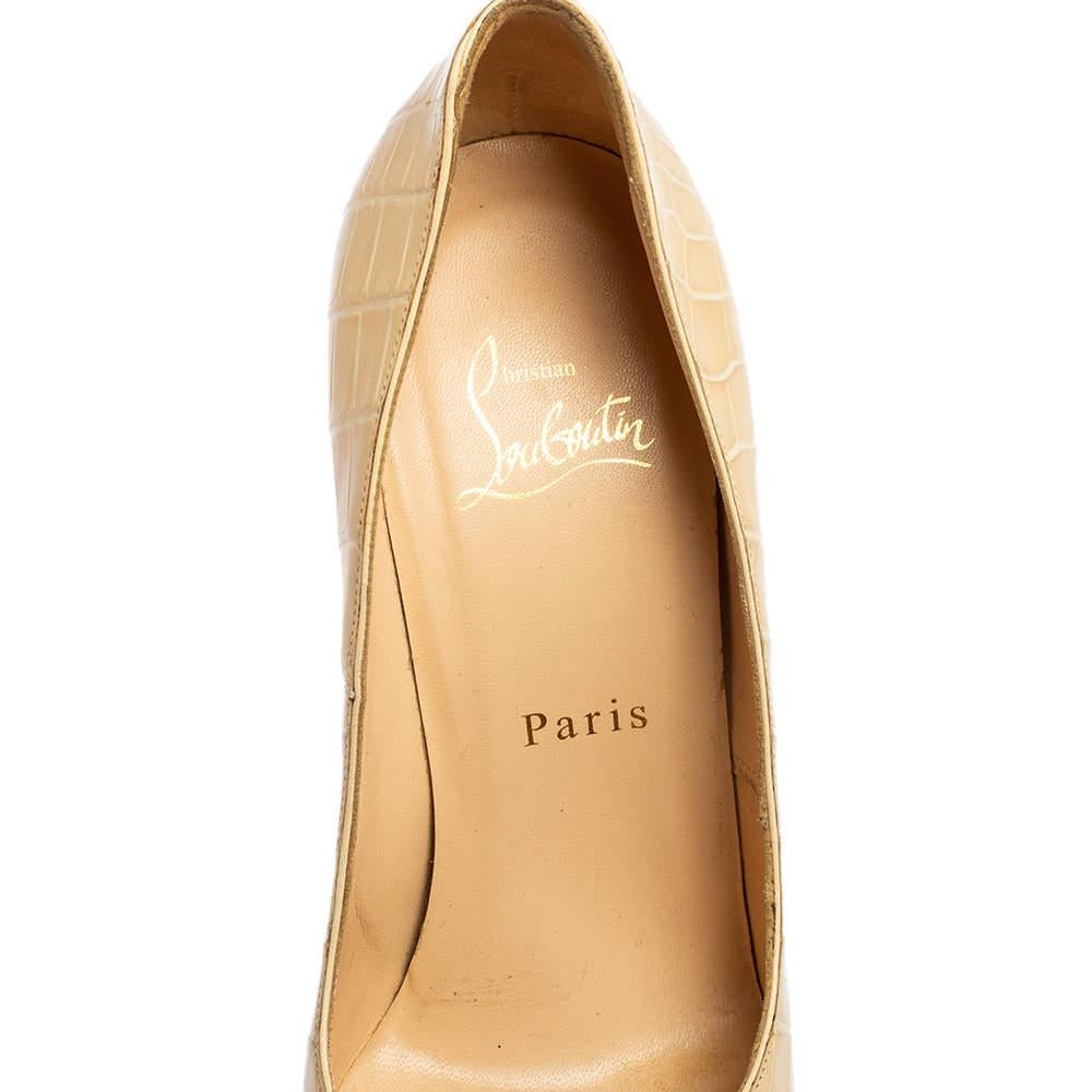 Christian Louboutin Beige Croc Embossed Leather Bianca Platform Pumps Size 37 1