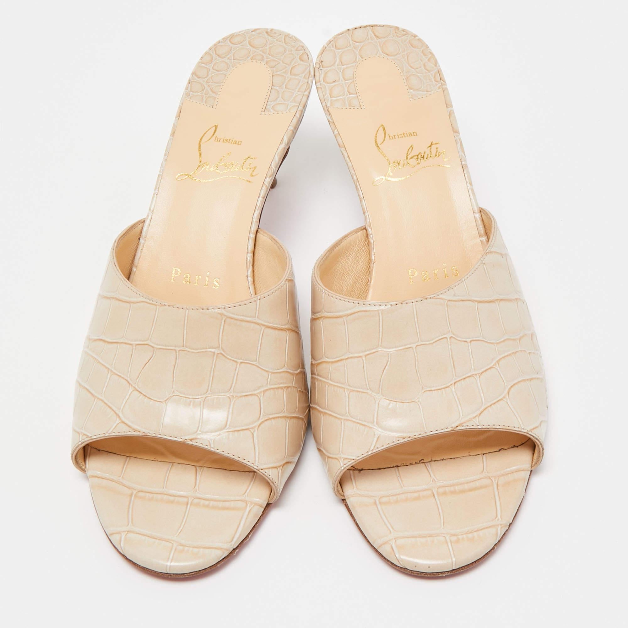 Christian Louboutin Beige Croc Embossed Leather East Slide Sandals Size 37 For Sale 1