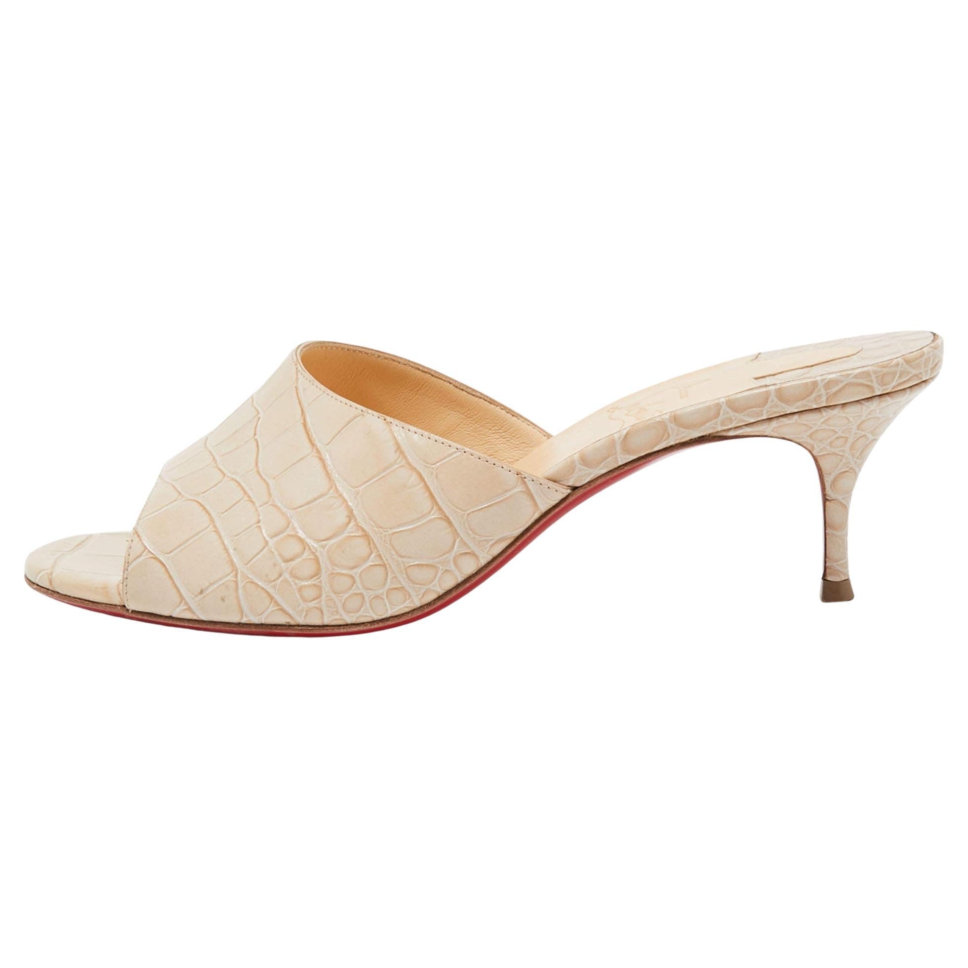Christian Louboutin Beige Croc Embossed Leather East Slide Sandals Size 37 For Sale
