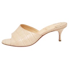 Christian Louboutin Beige Croc Embossed Leather East Slide Sandals Size 37