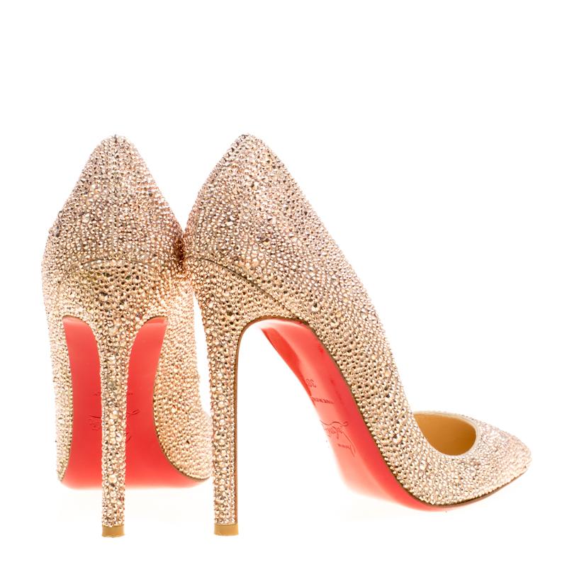Women's Christian Louboutin Beige Crystal Embellished Decollete 554 Pointed Toe Pumps Si