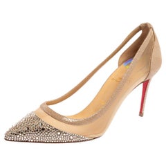 Christian Louboutin Beige Crystal Mesh And Suede Follies Strass Pumps Size 37