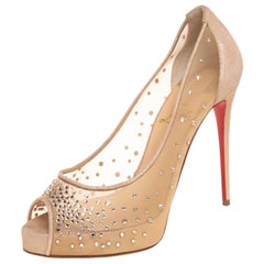 Christian Louboutin Beige Crystal Suede Very Strass Peep Toe Pumps Size 38.5