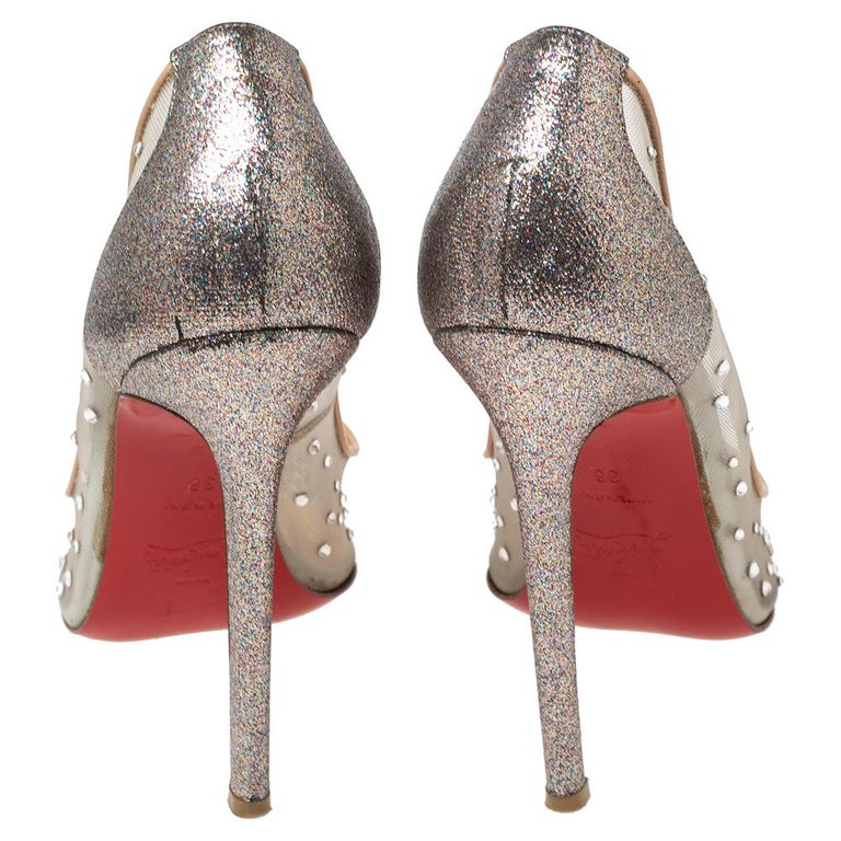 Christian Louboutin Beige/Silver Mesh and Glitter Suede Follies Strass  Pumps Size 38.5 - ShopStyle