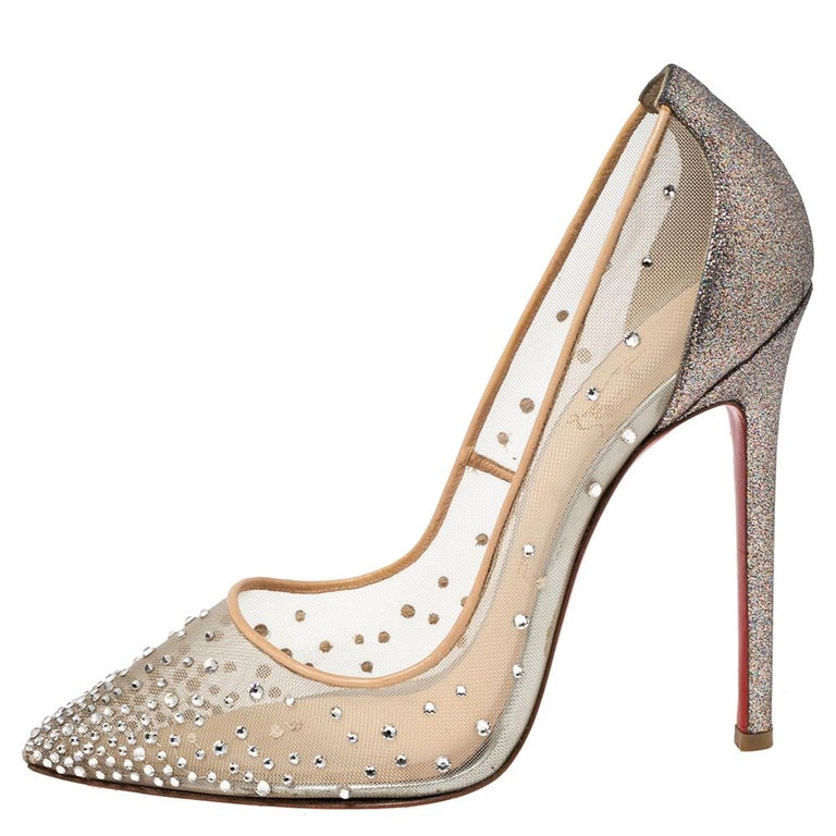 Christian Louboutin Silver Coarse Glitter Fabric And Mesh Follies Strass  Embellished Pointed Toe Pumps Size 36.5 Christian Louboutin | The Luxury