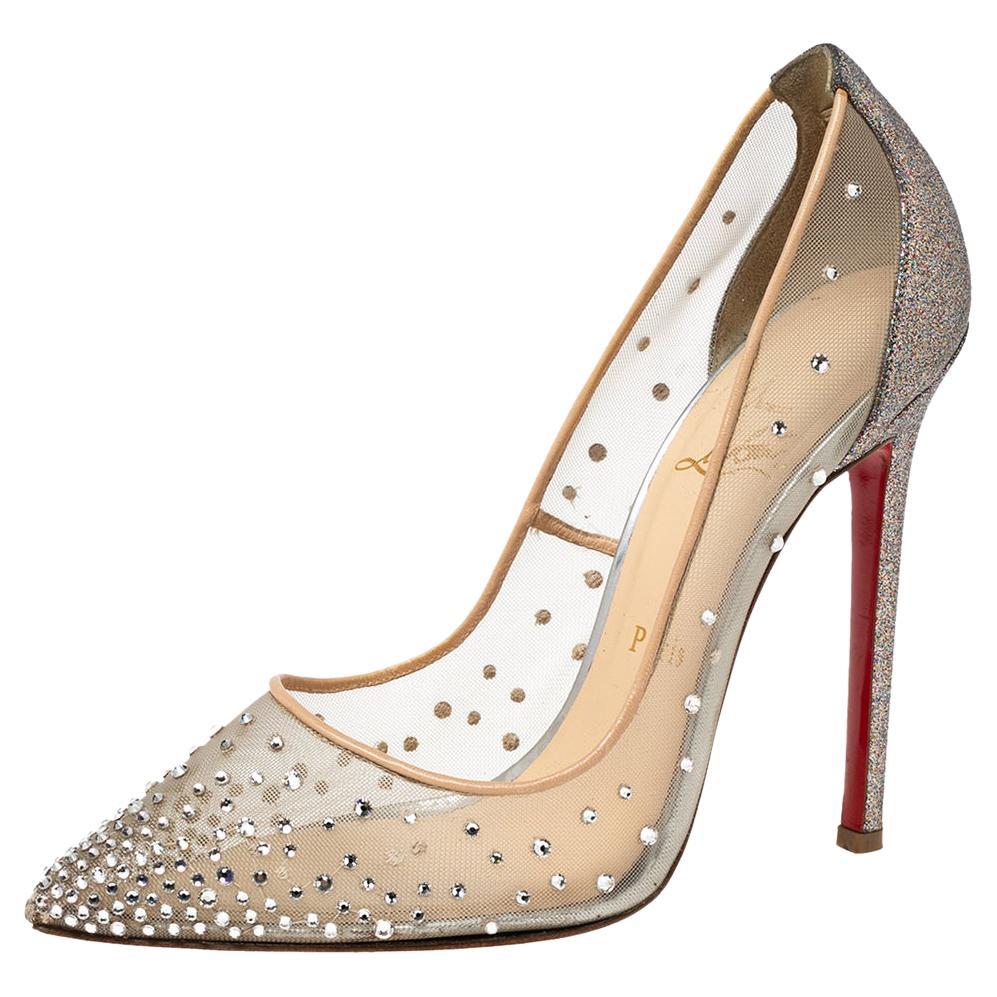 Christian Louboutin Beige Follies Strass Glitter Heel Pointed-Toe Pumps  Size 38