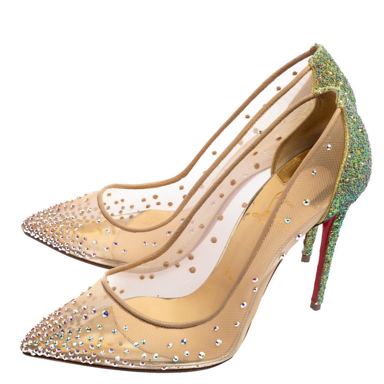Christian Louboutin Beige Glitter Follies Strass Pointed-Toe Pumps Size  37.5 at 1stDibs