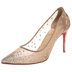 Christian Louboutin Beige/GoldLeather Trim Strass Pointed Toe   Size 39.5